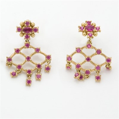 Lot 568 - Pair of Gold and Pink Sapphire Pendant-Earrings