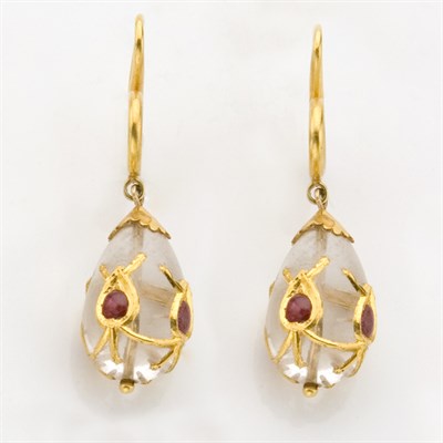 Lot 550 - Pair of Gold, Rock Crystal and Cabochon Ruby Pendant-Earrings