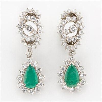 Lot 678 - Pair of Emerald and Diamond Pendant-Earrings