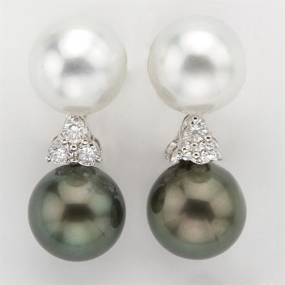 Lot 696 - Pair of White and Black Cultured Pearl and Diamond Pendant-Earrings