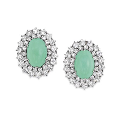 Lot 413 - Pair of Turquoise and Diamond Earrings