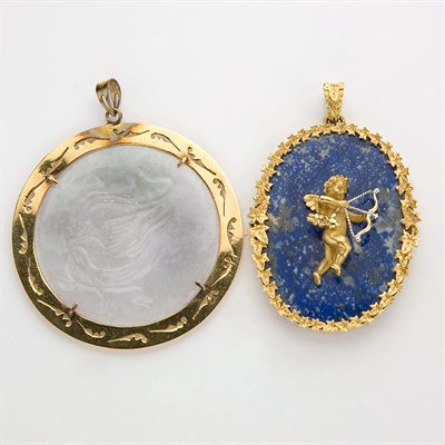 Lot 414 - Two Large Gold and Hardstone Disc Pendant-Brooches and Portrait Miniature Brooch