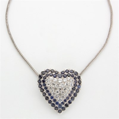 Lot 242 - White Gold, Diamond and Sapphire Heart Pendant with White Gold Snake Chain
