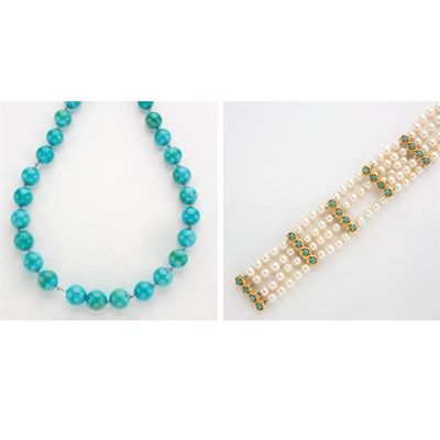 Lot 435 - Four Strand Cultured Pearl, Gold and Turquoise Bracelet and Turquoise Bead Necklace