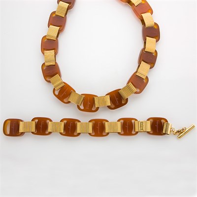 Lot 425 - Simulated Tortoise Shell and Ribbed Yellow Metal Necklace and Bracelet, Ferragamo