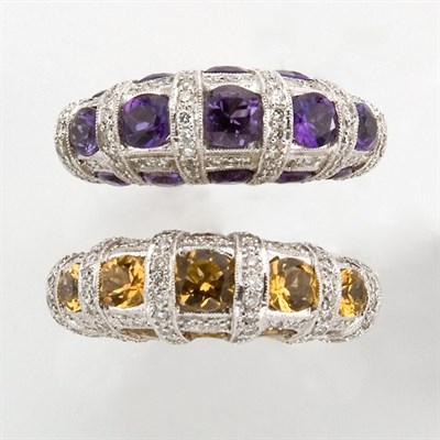 Lot 575 - Pair of White Gold, Gem-Set and Diamond Bombe Rings