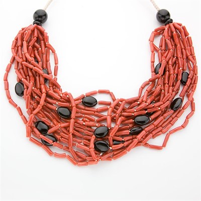 Lot 405 - Multi-Strand Oxblood Coral and Black Onyx Bead Necklace