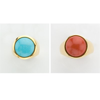 Lot 556 - Gold and Cabochon Turquoise Ring and Gold and Cabochon Coral Ring