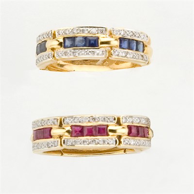 Lot 298 - Pair of Gold, Gem-Set and Diamond Band Rings