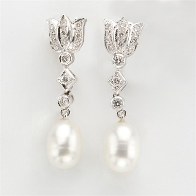 Lot 506 - Pair of Biwa Pearl and Diamond Pendant-Earrings