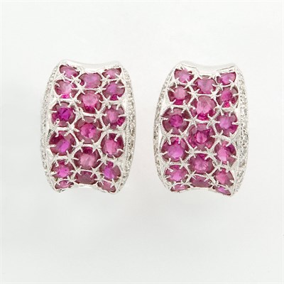 Lot 695 - Pair of Ruby and Diamond Half-Hoop Earrings