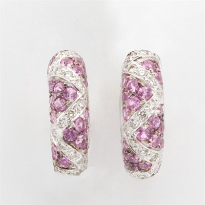 Lot 286 - Pair of Pink Sapphire and Diamond Hoop Earrings