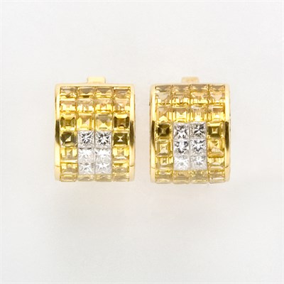 Lot 399 - Pair of Yellow Sapphire and Diamond Half-Hoop Earclips