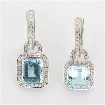 Lot 606 - Pair of Diamond and Blue Topaz Pendant-Earrings