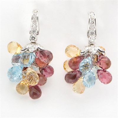 Lot 516 - Pair of Colored-Stone Briolette and Diamond Pendant-Earrings