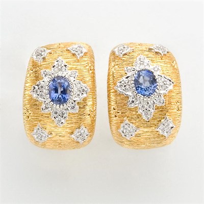 Lot 662 - Pair of Gold, Diamond and Sapphire Half-Hoop Earrings