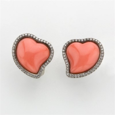 Lot 453 - Pair of Coral and Diamond Heart Earrings