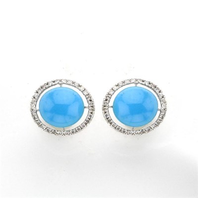 Lot 337 - Pair of Cabochon Turquoise and Diamond Earrings