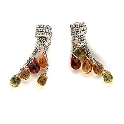 Lot 482 - Pair of Multicolored Sapphire Briolette and Diamond Pendant-Earrings