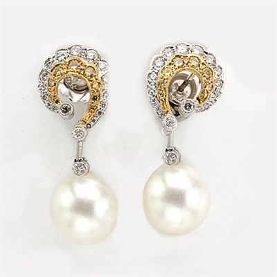 Lot 349 - Pair of Diamond, Yellow Diamond and Cultured Pearl Pendant-Earrings