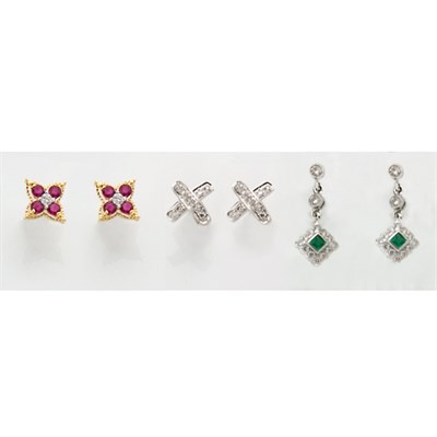 Lot 717 - Group of Three Pairs of Gold and Gem-Set Earrings