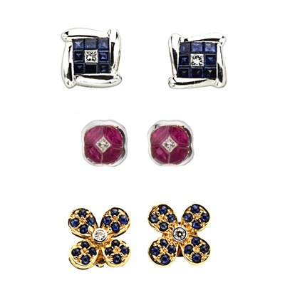 Lot 447 - Group of Three Pairs of Gold, Gem-Set and Diamond Earrings