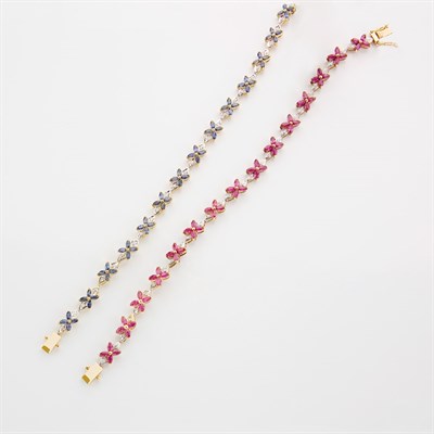 Lot 324 - Pair of Gold, Ruby, Sapphire and Diamond Bracelets