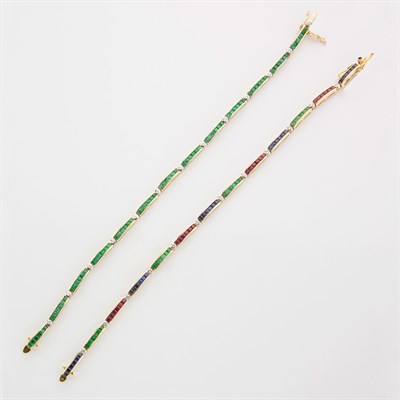 Lot 446 - Pair of Gold, Gem-Set and Diamond Bracelets