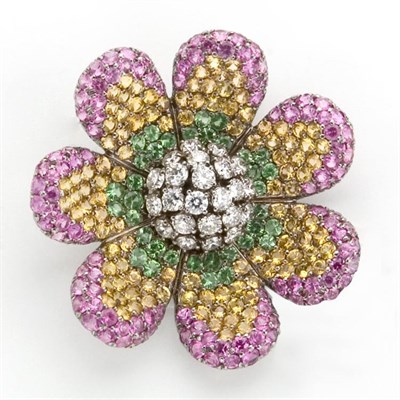 Lot 869 - Diamond and Multicolored Sapphire Flower Brooch