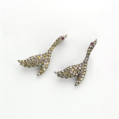 Lot 410 - Pair of Diamond, Yellow Diamond and Cabochon Ruby Swallow Brooches