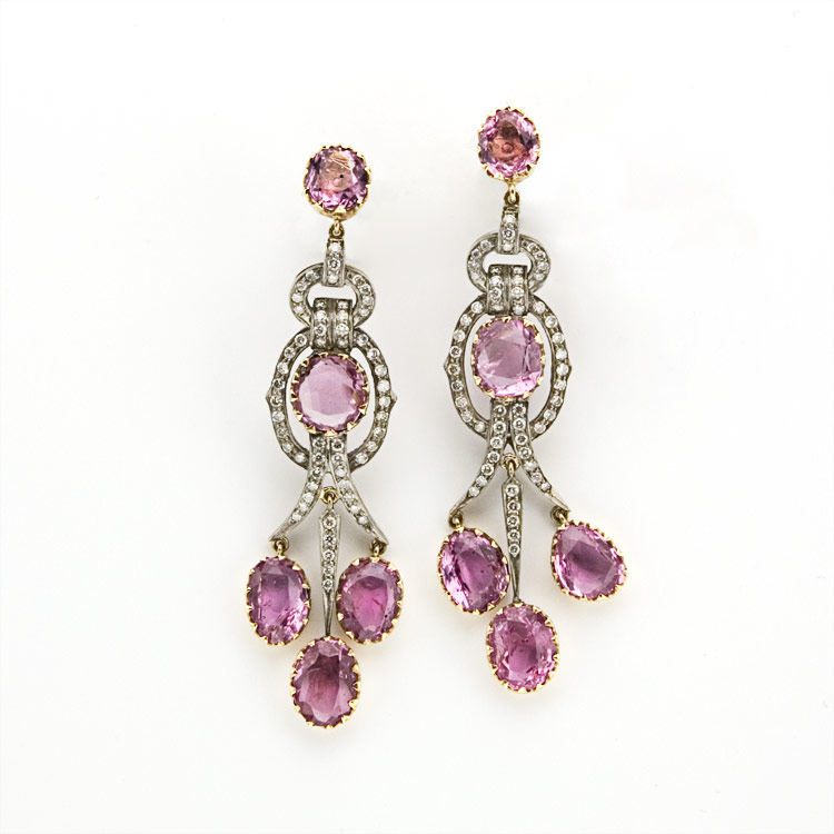 Lot 520 - Pair of Diamond and Pink Tourmaline Pendant-Earrings