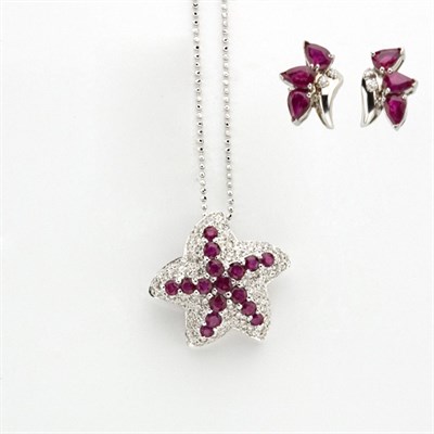 Lot 408 - Ruby and Diamond Starfish Pendant with Chain and Pair of Leaf Earrings