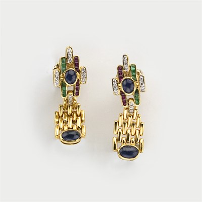 Lot 426 - Pair of Gold, Gem-Set and Diamond Pendant-Earrings