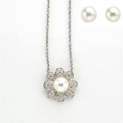 Lot 522 - Cultured Pearl and Diamond Flower Pendant with Chain and Pair of Cultured Pearl Stud Earrings