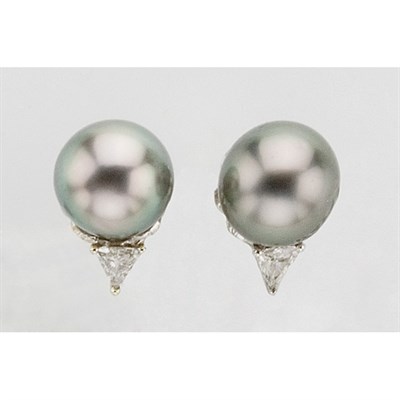 Lot 218 - Pair of Black Cultured Pearl and Diamond Earrings