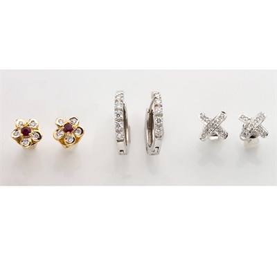 Lot 609 - Three Pairs of Diamond and Ruby Earrings