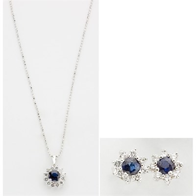 Lot 234 - Sapphire and Diamond Pendant with White Gold Chain and Pair of Floret Earrings