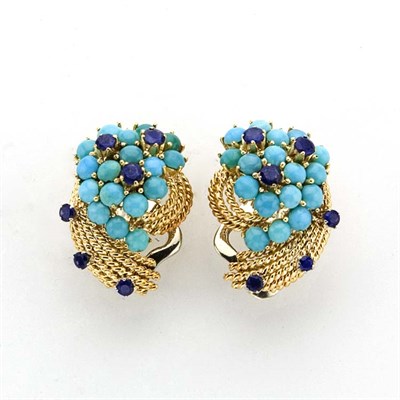 Lot 883 - Pair of Gold, Cabochon Turquoise and Sapphire Earclips
