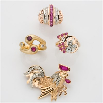 Lot 828 - Group of Three Ruby and Synthetic Ruby and Diamond Rings and One Gold and Synthetic Ruby Rooster Brooch