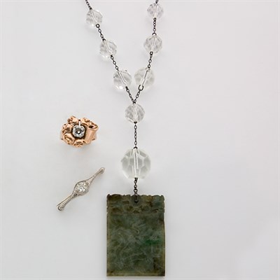 Lot 113 - Diamond Ring, Diamond Bar Pin and Crystal and Jade Pendant Necklace