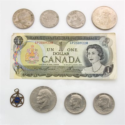 Lot 24 - Assorted Group of Foreign Coins, Gold Jewelry, Currancy and Silver and Metal Pendants