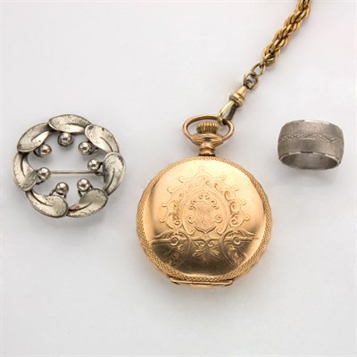 Lot 28 - Lady's Hunting Case Pocket Watch with Chain, One Silver Pin and One Wedding Band