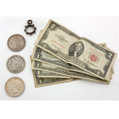 Lot 112 - Group of Assorted U.S. Currency, Two Gold Wedding Bands and One Watch Fob and Chain