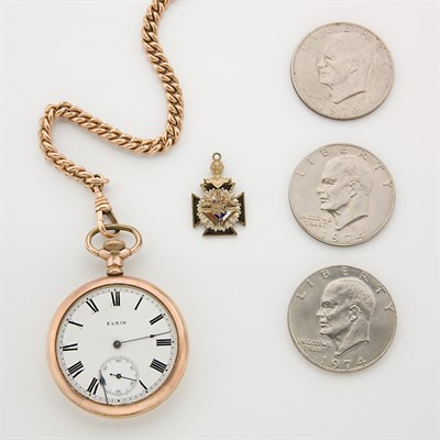 Lot 80 - Assorted Group of Silver and Clad U.S. Coins, One Gold Kennedy Medal and One Gold Filled Open Face Pocket Watch with Fob Chain