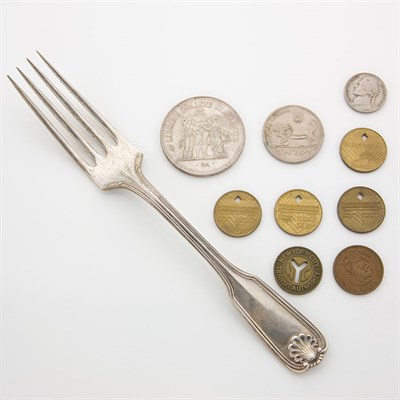 Lot 104 - Sterling Silver Fork and Assorted Group of Coins and Tokens