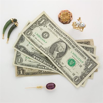 Lot 107 - Assorted Group of Gold and Metal Jewelry and U.S. Currency