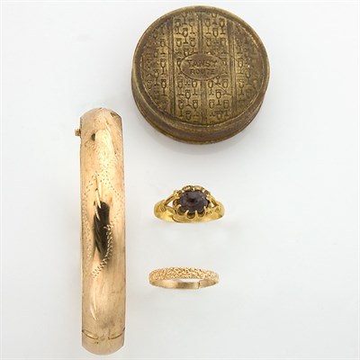 Lot 6 - Two Rings, One Gold Bangle Bracelet and One Metal Box