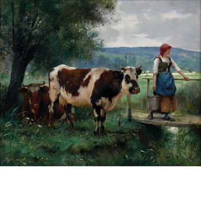 Lot 17 - Julien Dupre French, 1851-1910 The Milkmaid...