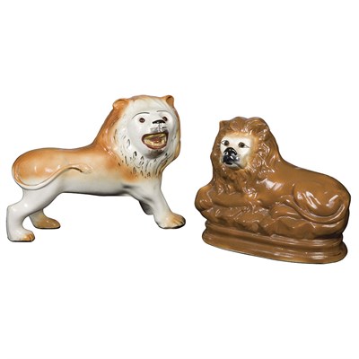 Lot 275 - Five Staffordshire Pottery Figures of Lions...