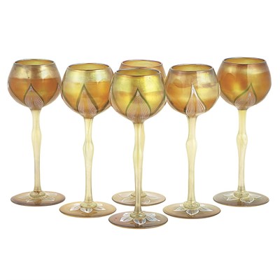 Lot 493 - Set of Six Quezal Art Glass Hock Glasses Circa...